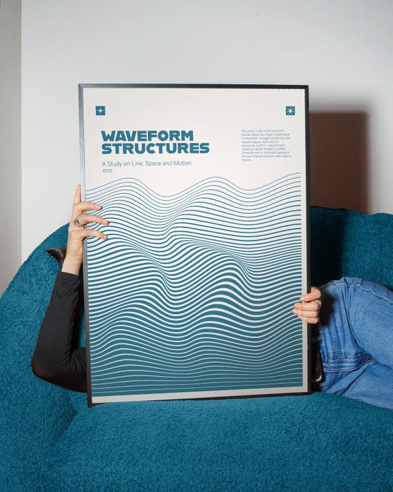 Waveform Structures Teal – Minimal Line Art Poster, Abstract Waves Wall Art (Digital Download)
