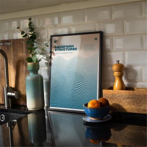 May include: A framed poster with the text "WAVEFORM STRUCTURES" and a blue and white wave design. A blue ceramic bowl with oranges sits on a black countertop. A green and white vase holds greenery. A wooden pepper grinder and a wooden box are also visible.