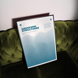 May include: A framed poster titled "Waveform Structures" with a black frame. The poster features a blue and white wavy design and the text "A Study on Line, Space and Motion". The poster is displayed on a green velvet couch.