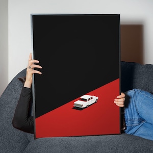 Minimal Car Illustration Poster – Red Classic Car Night Road Art Print, Digital Download