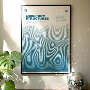 May include: A framed poster with the text "WAVEFORM STRUCTURES" and "A Study on Line, Space and Motion". The artwork features blue and white wavy lines. A disco ball and a potted plant are on a wooden surface below the poster.