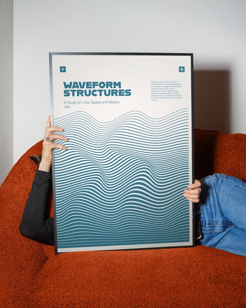 Waveform Structures Teal – Minimal Line Art Poster, Abstract Waves Wall Art (Digital Download) image 14