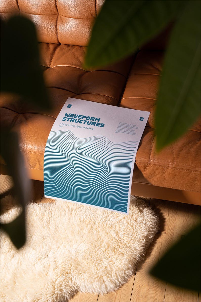 May include: A poster titled "WAVEFORM STRUCTURES" with a blue and white wave pattern design. The poster is on a brown leather couch, with a white fluffy rug in the foreground. Green leaves are in the upper right corner.