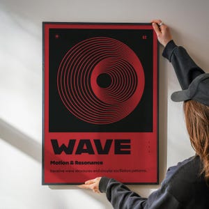 Pode incluir: Um poster emoldurado com fundo preto e borda vermelha. O poster apresenta um design em espiral vermelho e a palavra "WAVE" em letras vermelhas grandes. Abaixo da palavra "WAVE" está o texto "Motion & Resonance".