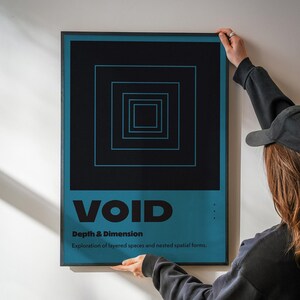 May include: A framed art print with a black and teal design. The print features the word "VOID" in bold letters, with the text "Depth & Dimension" and an explanation below. The artwork has a series of nested squares in the center.