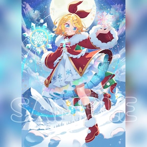 Peut inclure: Illustration de style anime d'un personnage en tenue d'hiver. Le personnage a les cheveux blonds, les yeux bleus et porte un manteau rouge avec une bordure blanche, une robe blanche et des bottes rouges. L'arrière-plan présente un paysage enneigé et une pleine lune.