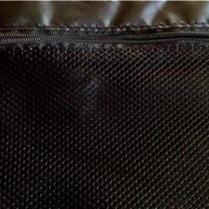 May include: Close-up of a black mesh fabric with a zipper closure. The zipper is dark-colored and runs horizontally across the top of the fabric. The mesh has a diamond pattern.