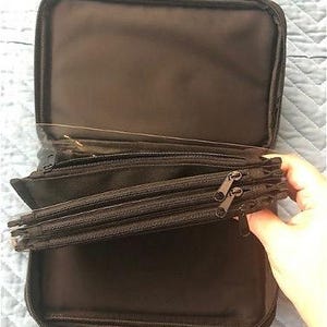 May include: Black zippered organizer case with multiple zippered compartments. The case is open, revealing several clear plastic sleeves and additional storage space. The case is held open by a hand.