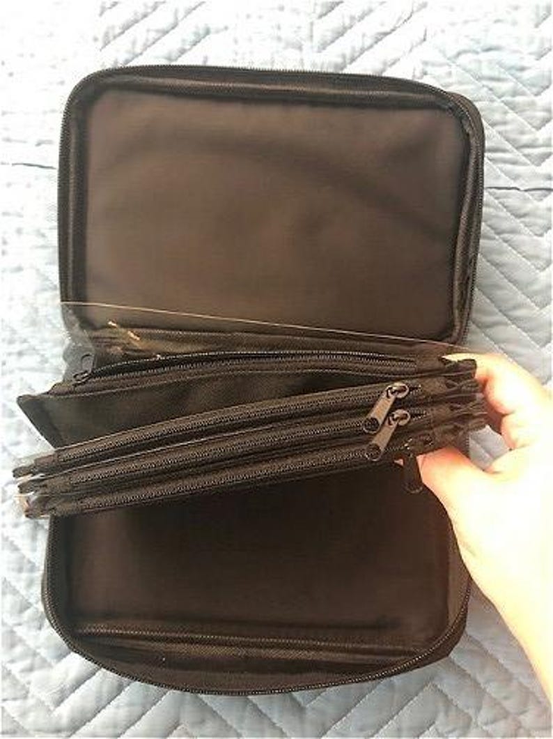 May include: Black zippered organizer case with multiple zippered compartments. The case is open, revealing several clear plastic sleeves and additional storage space. The case is held open by a hand.