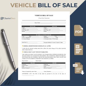 May include: A Vehicle Bill of Sale form with fillable fields for seller and buyer information, vehicle details, and a federal odometer disclosure. A silver pen rests on the document. The document is for private party transactions.