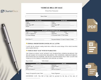 Puede incluir: Un formulario de compraventa de vehículos con campos rellenables para la información del vendedor y del comprador, detalles del vehículo y una declaración federal del cuentakilómetros. Un bolígrafo plateado descansa sobre el documento.