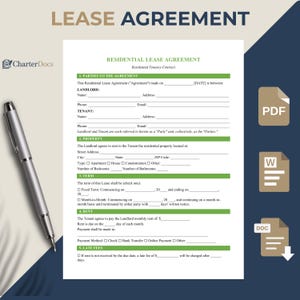 Puede incluir: Un documento de contrato de arrendamiento residencial con el título "LEASE AGREEMENT". El documento incluye secciones para las partes, la propiedad, el plazo, la renta y los recargos por mora. Un bolígrafo plateado descansa sobre el documento. Iconos PDF, W y DOC a la derecha.