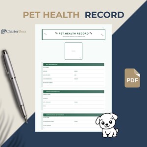 May include: A Pet Health Record form with the text "PET HEALTH RECORD" at the top. The form includes sections for pet information, owner information, and veterinarian information. A silver pen is on the left side of the form. A PDF icon is on the right.