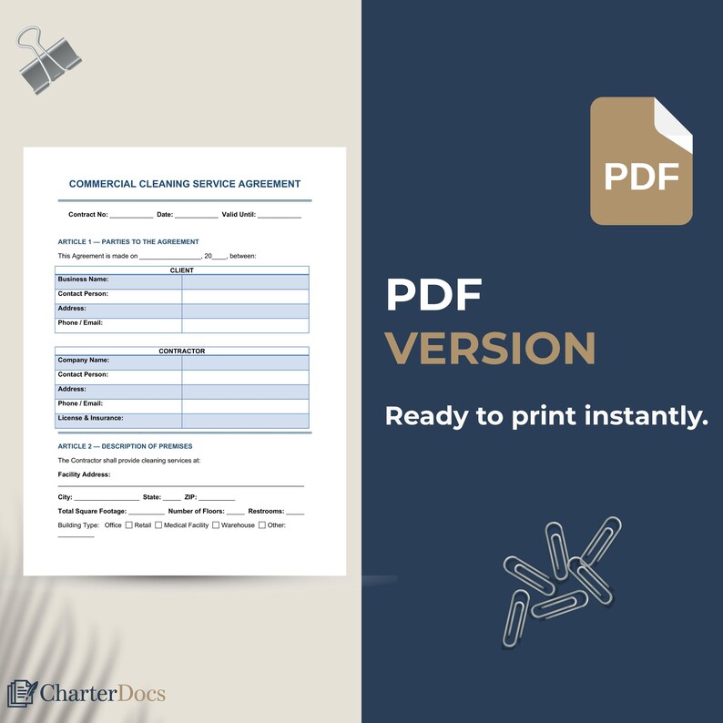 Cleaning Service Contract Template Editable | Commercial Janitorial ...