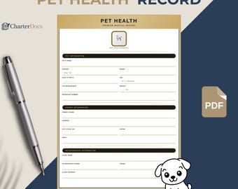 Pet Health Record PDF Gold | Dog Vaccination Log Printable | Luxury Vet Visit Tracker