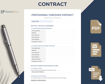 Professional Caregiver Contract Template | Home Care Agreement | Personal Care Services | Editable PDF Word