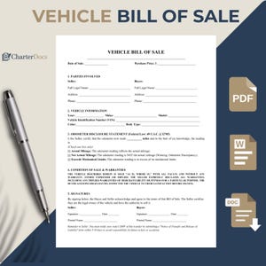 May include: A vehicle bill of sale document with the title "Vehicle Bill of Sale" at the top. The document includes sections for parties involved, vehicle information, odometer disclosure, and signatures. A silver pen rests on the left side of the document.