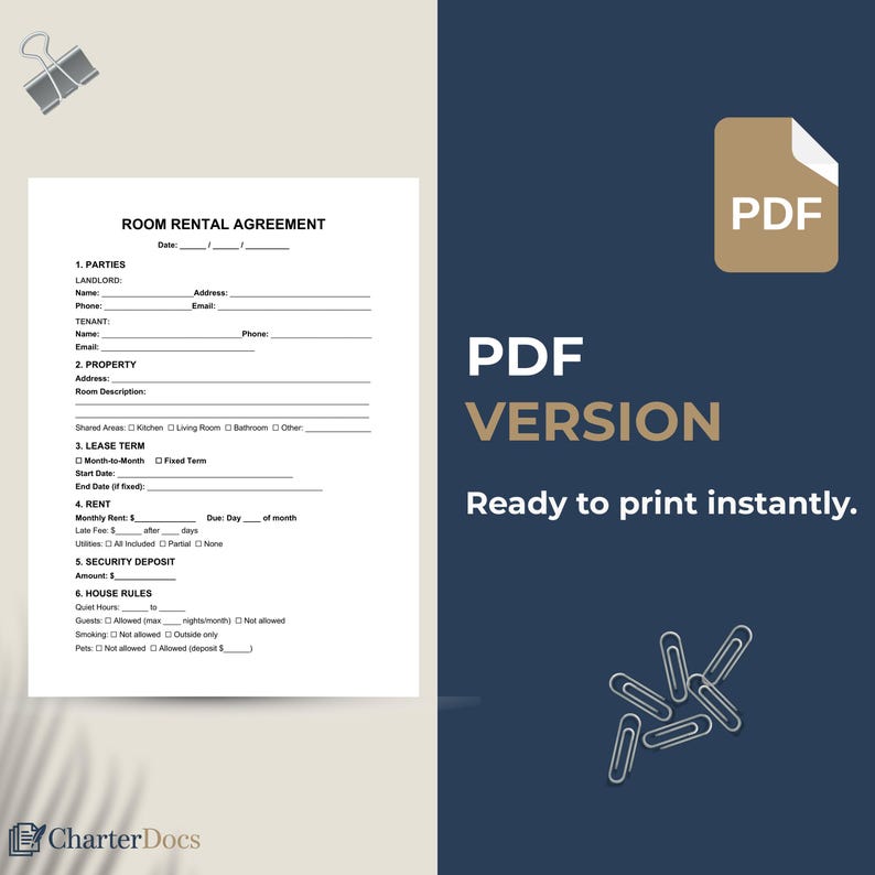 Fair Rent Form Room Rental Agreement Template 14-section | Fair Housing Act Compliant ...