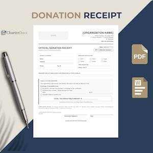 May include: A donation receipt template with the text "DONATION RECEIPT" at the top. The document includes fields for donor information, donation particulars, and legal declarations. A silver pen rests on the document.