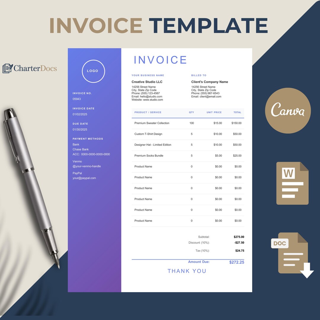 Invoice Template Canva Google Docs Word | Editable Business Invoice ...
