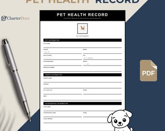 Plantilla imprimible para el registro de salud de mascotas / Registro de vacunación canina en blanco y negro / PDF minimalista para el seguimiento veterinario