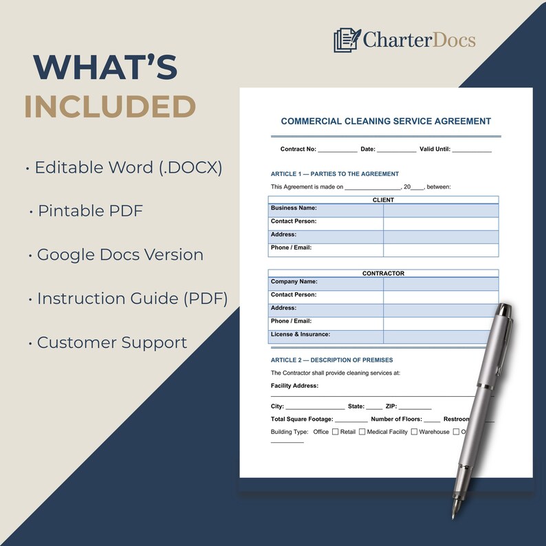 Cleaning Service Contract Template Editable | Commercial Janitorial ...