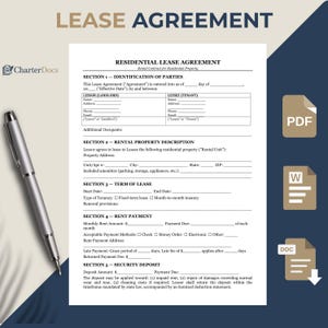 Puede incluir: Un contrato de arrendamiento residencial con secciones para la identificación de las partes, la descripción de la propiedad, el plazo del arrendamiento, el pago del alquiler y el depósito de seguridad. Un bolígrafo plateado descansa sobre el documento. El título es "LEASE AGREEMENT".