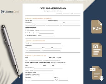 Puppy Sale Contract Agreement & Bill of Sale | Editable Breeder Forms for Puppy, Whelping Chart | US Letter