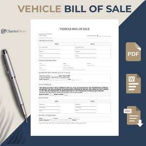 May include: A vehicle bill of sale document with fillable fields for seller, buyer, and vehicle information. Includes sections for odometer disclosure and signatures. A silver pen rests on the document.