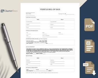Puede incluir: Un documento de venta de vehículo con campos rellenables para el vendedor, el comprador y la información del vehículo. Incluye secciones para el cuentakilómetros y las firmas. Un bolígrafo plateado descansa sobre el documento.