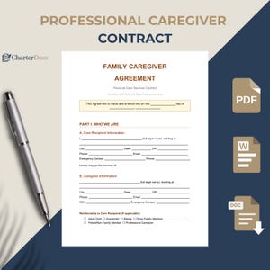 Könnte beinhalten: Ein professioneller Pflegevertrag mit dem Text "Family Caregiver Agreement" und "Professional Caregiver Contract". Ein silberner Stift liegt auf dem Dokument. PDF-, W- und DOC-Symbole befinden sich rechts.