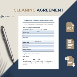May include: A commercial cleaning service agreement document with the title "CLEANING AGREEMENT" in large text. The document includes sections for client and contractor information, facility address, and building type. A silver pen is on the left.