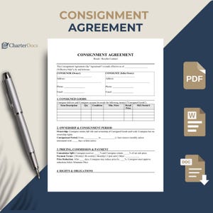 May include: A consignment agreement document with the title "Consignment Agreement" and the CharterDocs logo. The document includes sections for consignor and consignee details, consigned goods, ownership, and pricing.