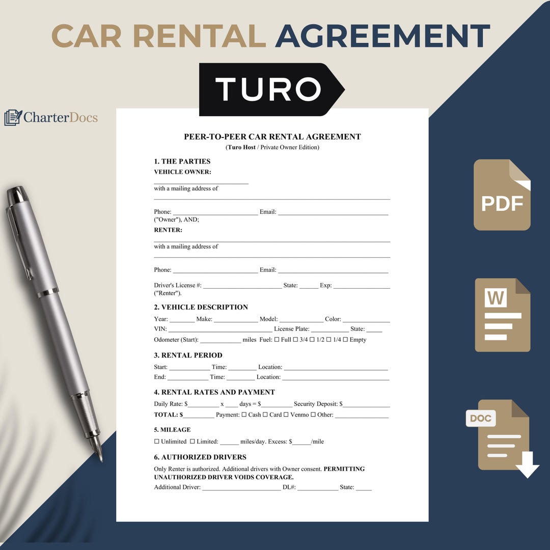 Car Rental Agreement Template | Turo Host Contract Word Editable ...