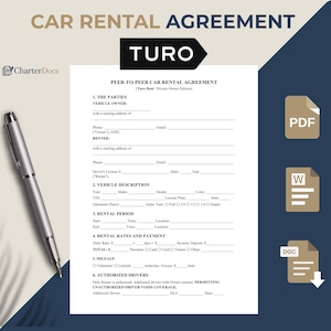 Puede incluir: Un documento de contrato de alquiler de coche con el texto "CAR RENTAL AGREEMENT" en la parte superior. El documento incluye secciones para el propietario del vehículo, el arrendatario, la descripción del vehículo, el período de alquiler, las tarifas y el kilometraje. Un bolígrafo plateado descansa sobre el documento.
