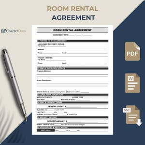 May include: A room rental agreement form with the title "Room Rental Agreement" in a professional design. The document includes sections for parties, property details, lease terms, rent, security deposit, and house rules. A silver pen rests on the document.