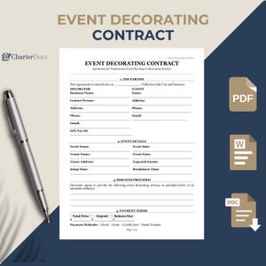 Pode incluir: Um modelo de contrato de decoração de eventos com o título "EVENT DECORATING CONTRACT". O documento inclui seções para as partes, detalhes do evento, serviços prestados e termos de pagamento. Uma caneta prateada repousa sobre o documento.