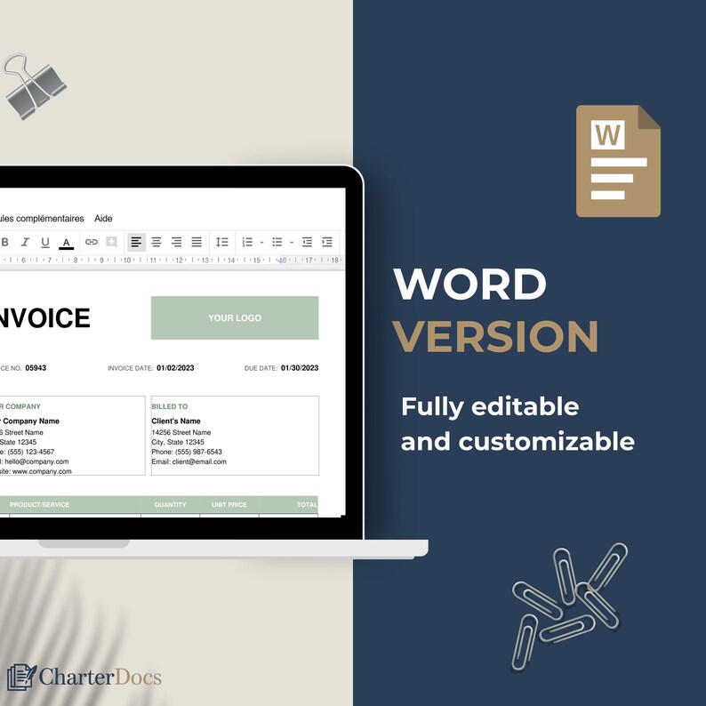 Invoice Template Editable Word Canva | Business Invoice US Letter A4 ...