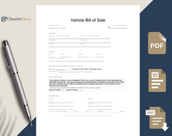 Puede incluir: Un documento de compraventa de vehículos con un bolígrafo plateado en el lado izquierdo. El documento incluye campos para los detalles del vehículo, la declaración del cuentakilómetros y las firmas. El documento es blanco con texto negro.