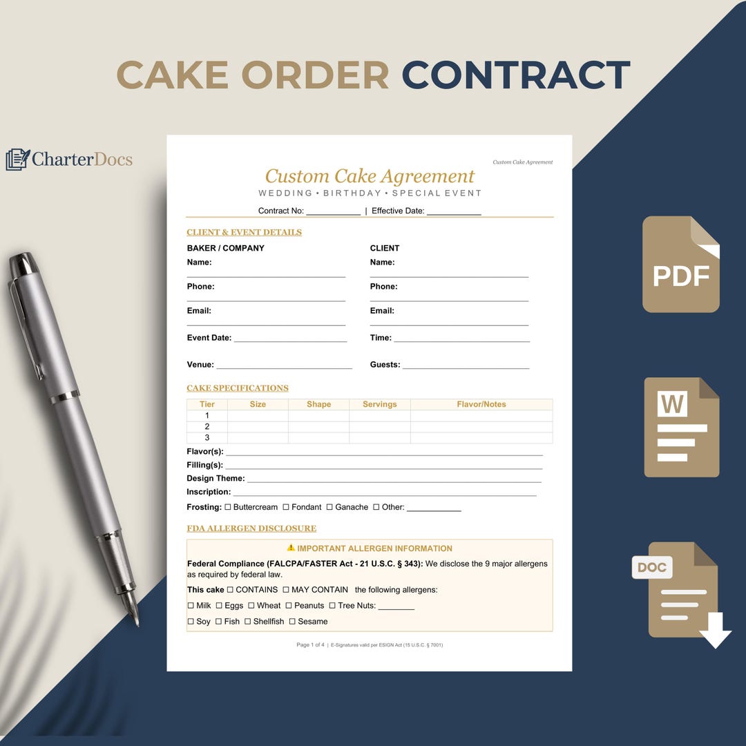 Custom Cake Contract Template Word | Wedding Cake Agreement Editable ...