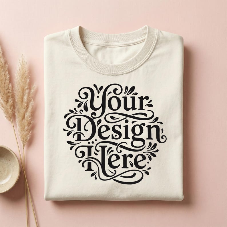 May include: Cream-colored t-shirt with a crew neck, featuring a black circular design that reads "Your Design Here" in an elegant, swirling font. The shirt is neatly folded, with a soft, neutral color palette.