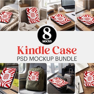 8 maquetas de fundas para Kindle, escenas PSD con objetos inteligentes para lector electrónico Paperwhite