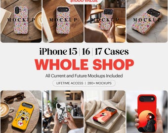 Paquete de maquetas de fundas para iPhone / Más de 280 resistentes a impactos magnéticos / Paquete completo para toda la tienda / Acceso de por vida / Maquetas actuales y futuras, 15, 16, 17, S26