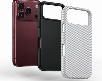 May include: A dark red smartphone with a triple-lens camera system is shown alongside two protective phone cases. One case is solid black, and the other features a white and gray checkered pattern. Both cases have large cutouts for the camera.