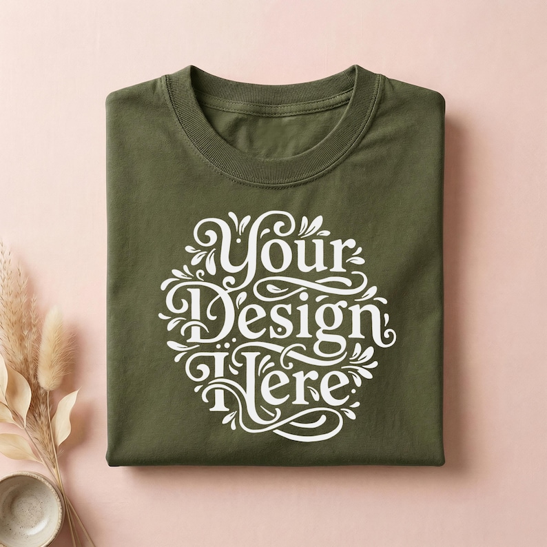 May include: Olive green t-shirt with a crew neck, folded neatly. The shirt features the text "Your Design Here" in a white, ornate, circular design. The shirt is displayed on a pink surface, with decorative elements in the background.