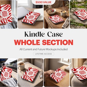 Puede incluir: Una funda Kindle con un estampado de cebra rojo y blanco y el texto "KISH MISH MOCS" en un círculo blanco. La imagen también incluye el texto "WHOLE SECTION" y "LIFETIME ACCESS".