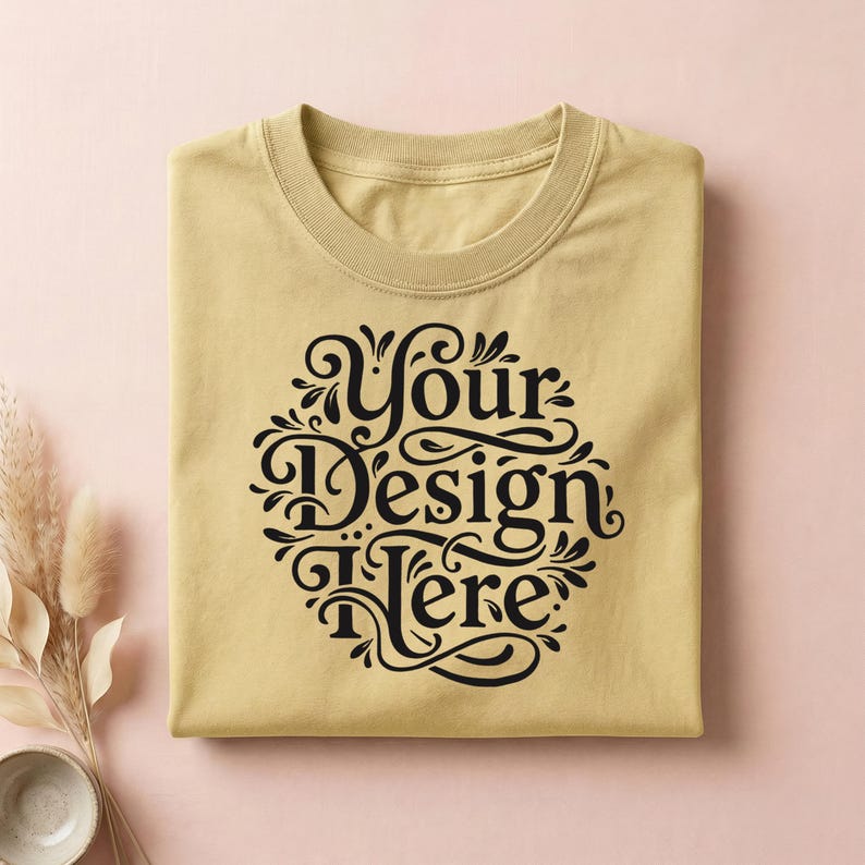 May include: A folded, light tan t-shirt with a crew neck. The shirt features a black, ornate design in the center that reads "Your Design Here". The shirt is displayed on a pink surface with decorative elements.