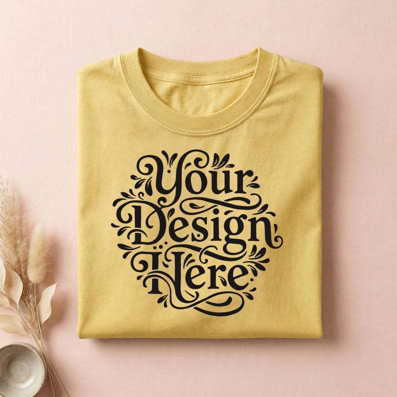 May include: A folded, mustard-yellow t-shirt with a crew neck. The shirt features a black, ornate design that reads "Your Design Here" in a decorative font. The shirt is neatly folded on a pink surface.
