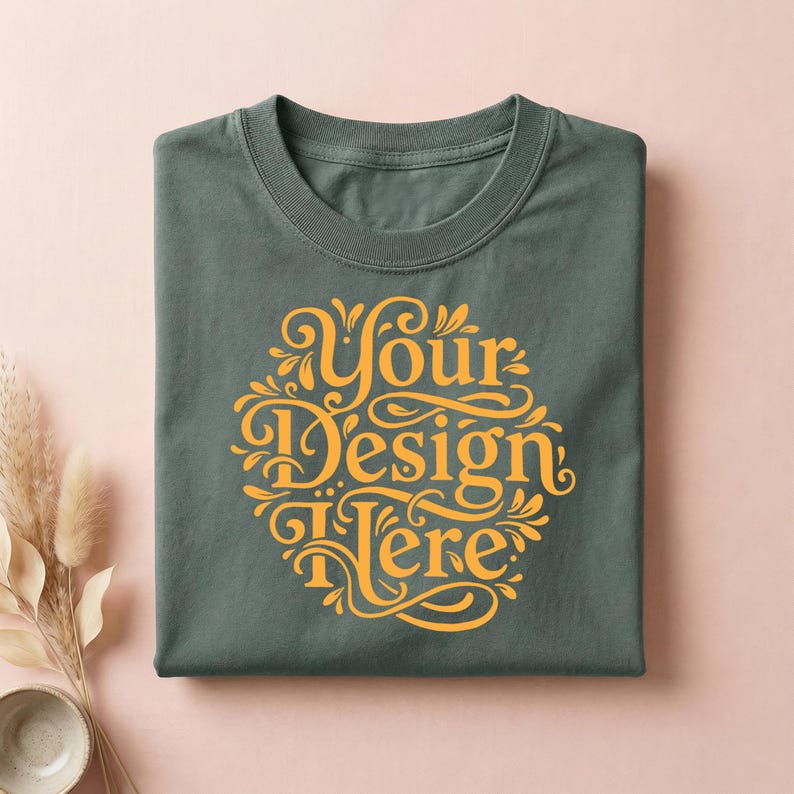 May include: A folded, dark green t-shirt with a round, ornate, yellow design that reads "Your Design Here". The shirt is made of a soft material and is displayed on a pink surface.