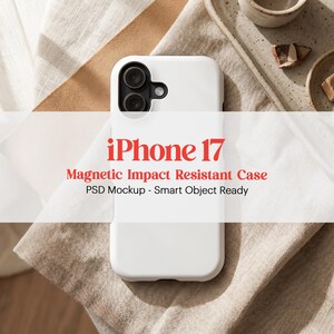 Peut inclure: Coque blanche pour iPhone 17, r&eacute;sistante aux chocs et magn&eacute;tique. L'&eacute;tui pour t&eacute;l&eacute;phone pr&eacute;sente une d&eacute;coupe pour un appareil photo &agrave; double objectif. Le texte "iPhone 17" est en rouge.